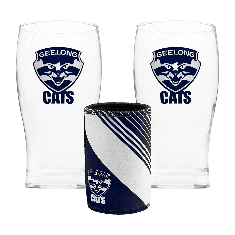 Geelong Cats Set Of 2 Pint Glasses And Can Cooler