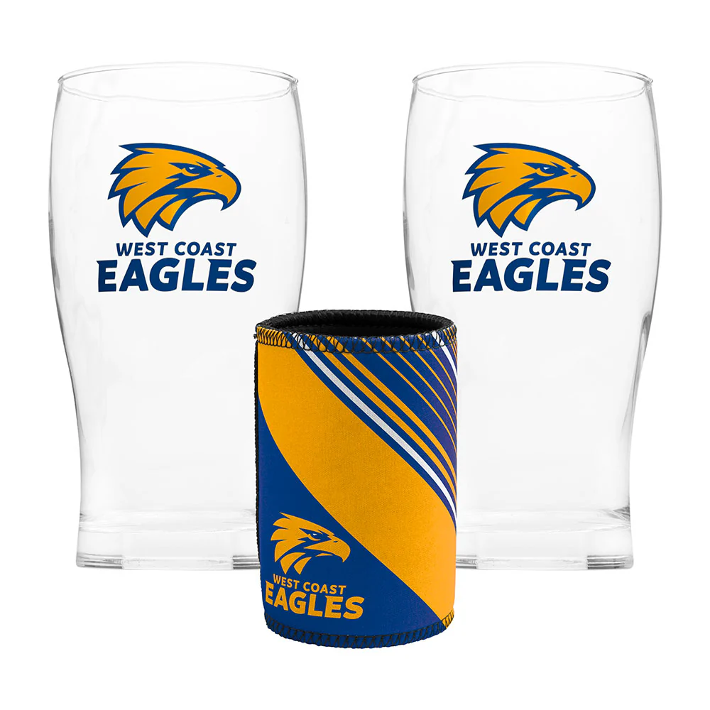 West Coast Eagles Set Of 2 Pint Glasses And Can Cooler